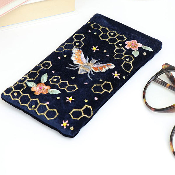 Beige Velvet Hand Embroidered online Pearl Spectacle Case for your Eyewear, Handmade Eyewear Case