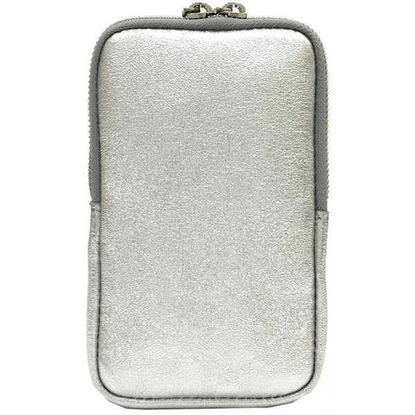 Silver Satin Grey and Powder Blue Cross Body Phone Bag with Herringbone  White & Ink Strap