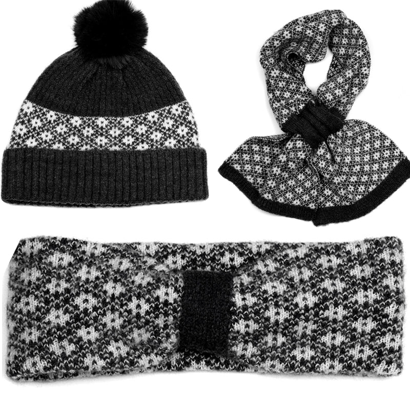 (.a) Scandi Hat Scarf Headband Set Black White 3 Pieces