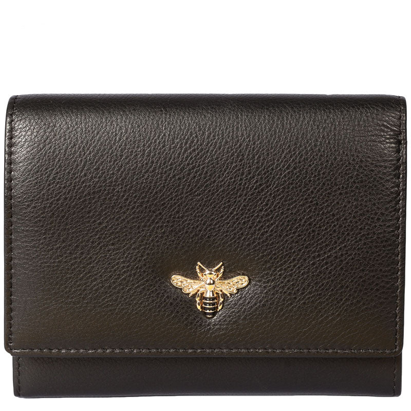 (a1)Mala Black Red Leather Bee Motif Compact Purse