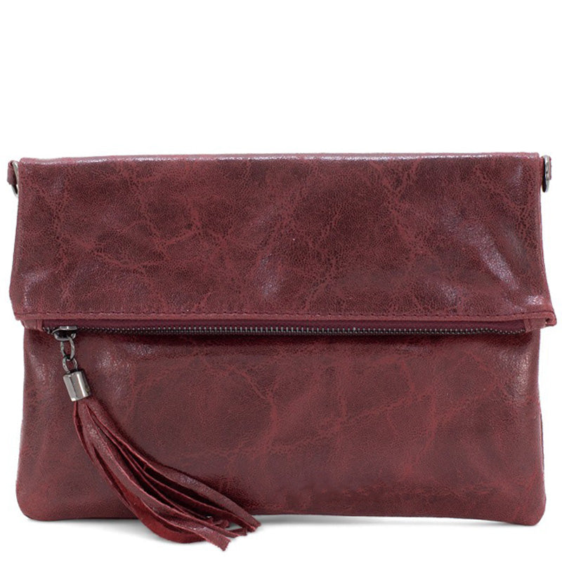 (1) Your Bag Heaven Fold Over Oxblood Crackle Leather Clutch Crossbody Shoulder Bag