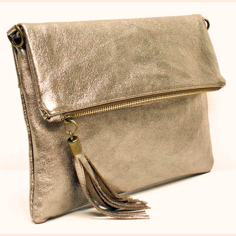 (1f) Your Bag Heaven Metallic Bronze Leather Clutch Crossbody Shoulder Bag