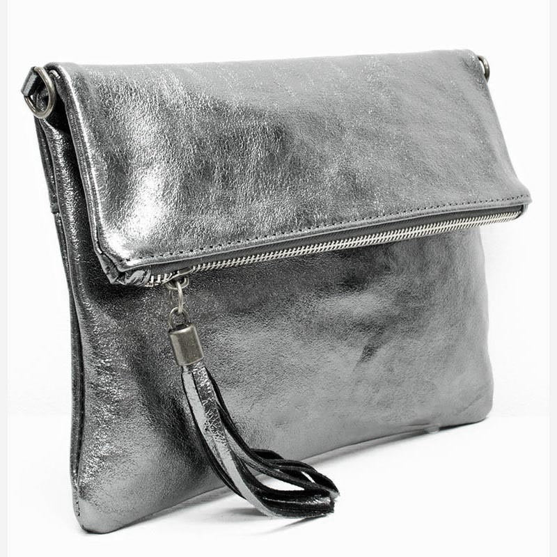 (1f) Your Bag Heaven Metallic Pewter Leather Clutch Crossbody Shoulder Bag