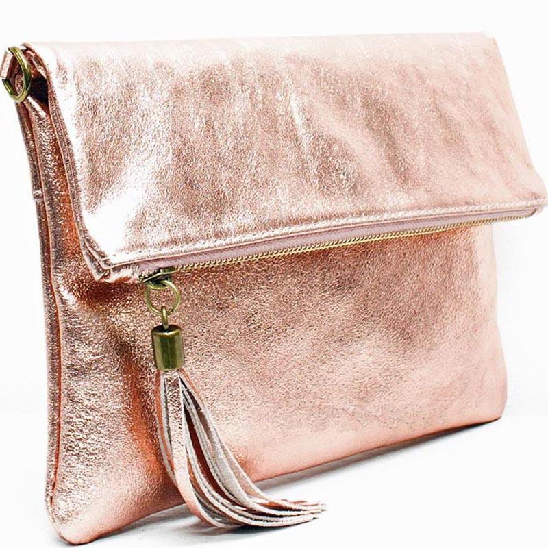 (1f) Your Bag Heaven Metallic Rose Gold Leather Clutch Crossbody Shoulder Bag