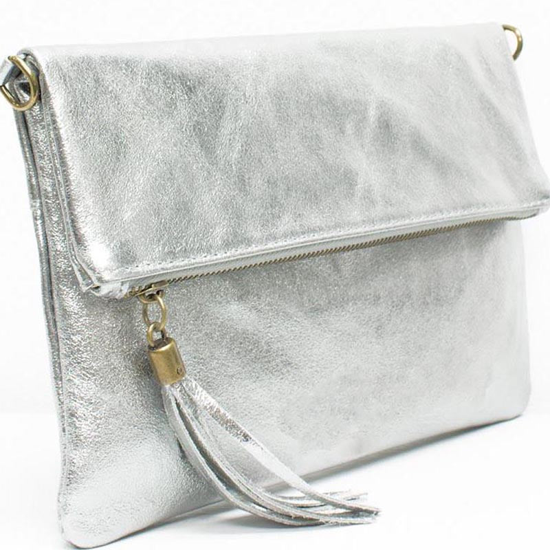 (1f) Your Bag Heaven Metallic Silver Leather Clutch Crossbody Shoulder Bag