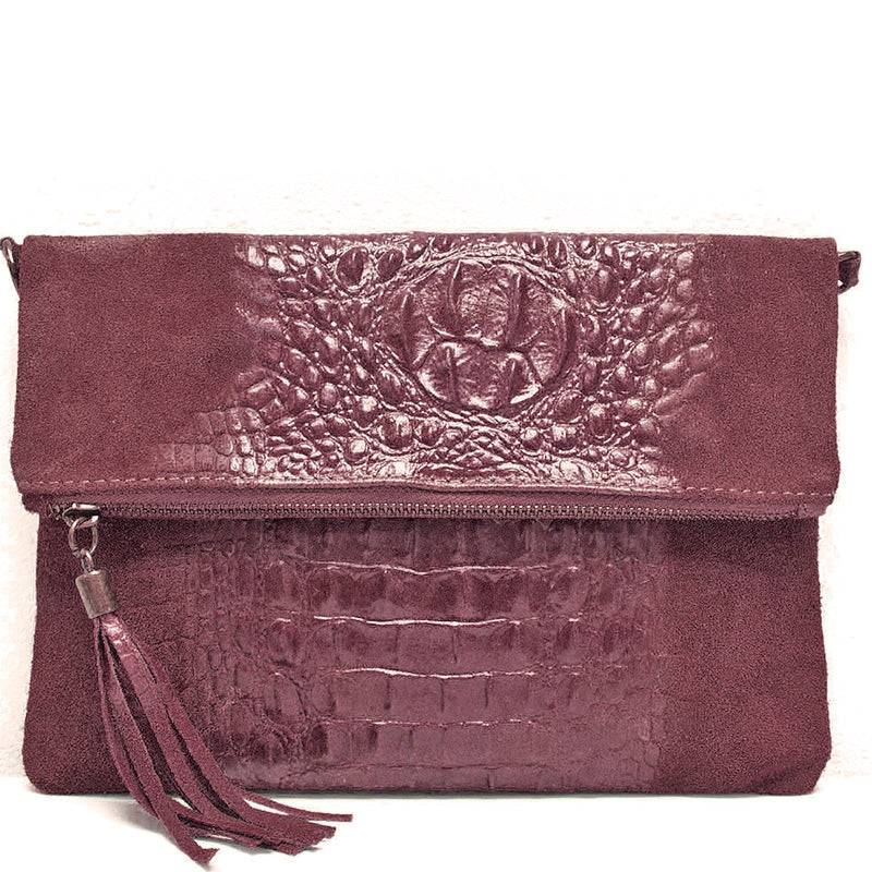 (1g) Your Bag Heaven Fold Over Burgundy Suede Leather Mix Clutch Crossbody Shoulder Bag (Copy)