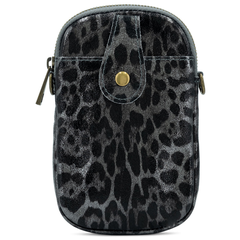 (b1) Your Bag Heaven Dark Pewter Leopard Leather Crossbody Shoulder Bag Phone Bag