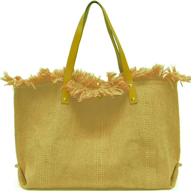 (a) Your Bag Heaven Mustard Canvas Leather Beach Tote Shopper Bag