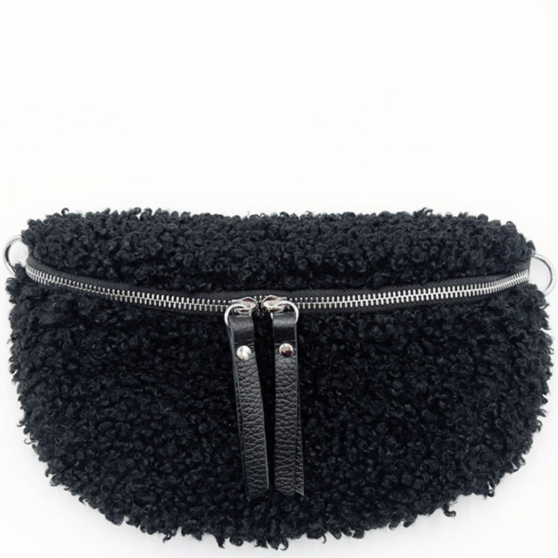 (a1) Your Bag Heaven Black Leather Teddy Crossbody Waist Sling Bag
