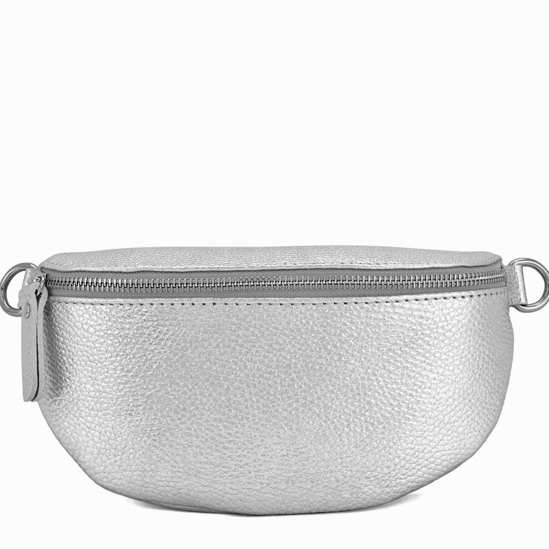 (a1) Your Bag Heaven Silver Metallic Leather Crossbody Waist Sling Bag