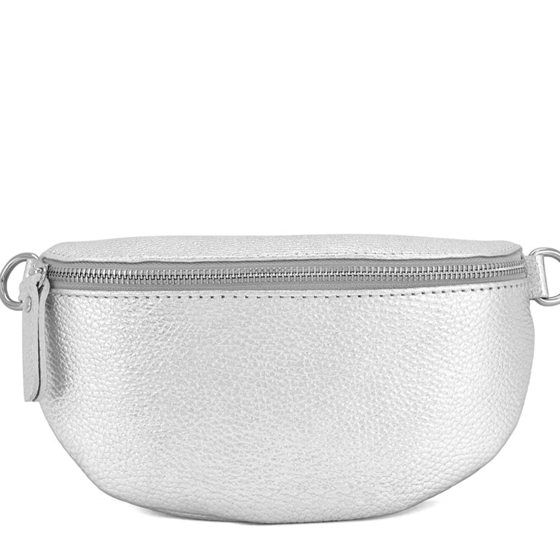 (a1) Your Bag Heaven Silver Metallic Large Leather Crossbody Waist Sling Bag