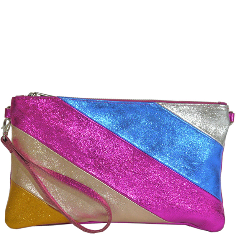 (a) Your Bag Heaven Metallic Pink Multi Leather Clutch Crossbody Shoulder Wrist Bag
