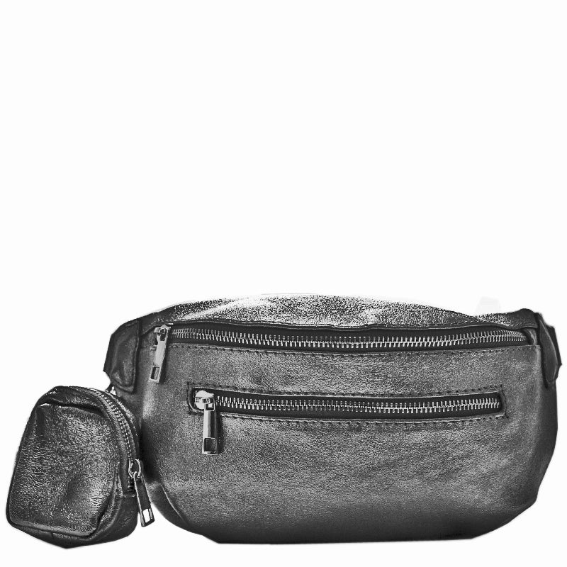 (a2) Your Bag Heaven Pewter Metallic Leather Large Crossbody Sling Bag Coin Purse Set