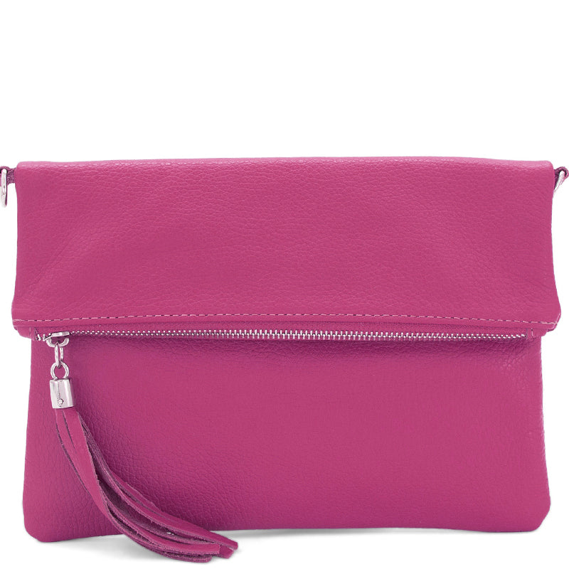 (1f) Your Bag Heaven Fold Over Magenta Pink Leather Clutch Crossbody Shoulder Bag