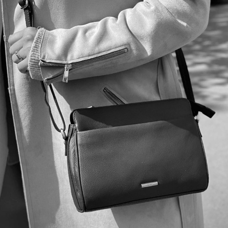 Nova Leathers Black Grey Soft Leather Crossbody Shoulder Bag