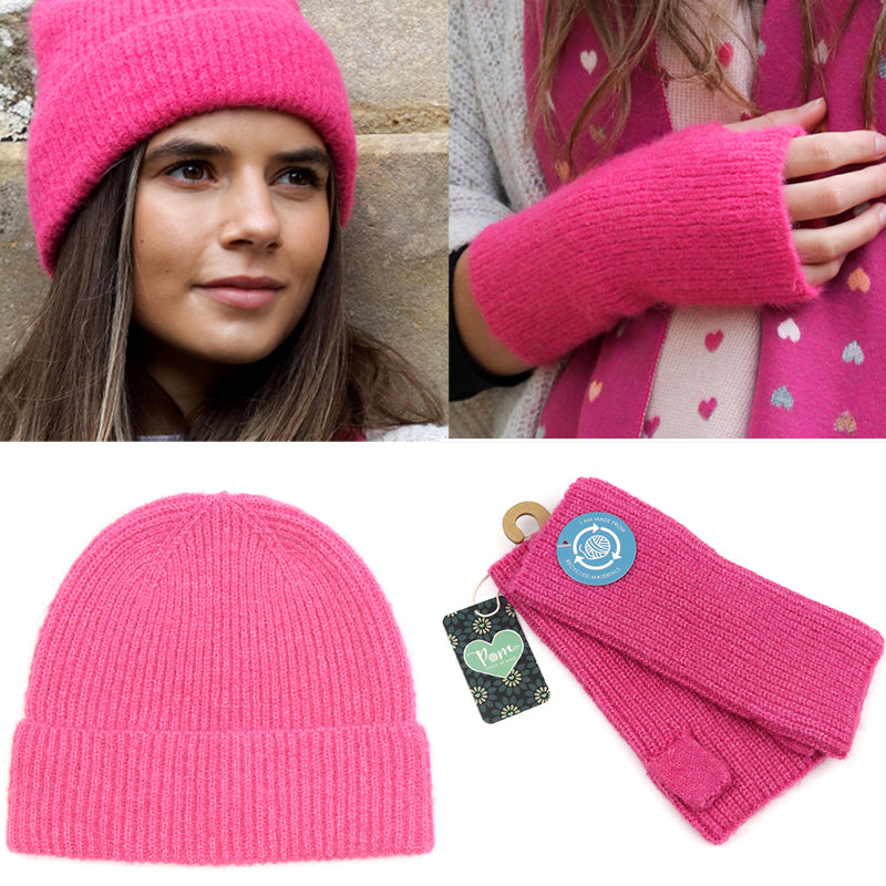 (a15) P.O.M. Bright Pink Wrist Warmers Bright Pink Beanie Hat Set