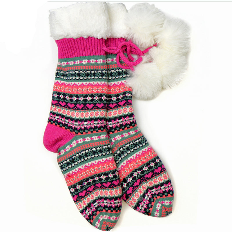 (d4) P.O.M. Bright Pink Fair Isle Sherpa Slipper Socks