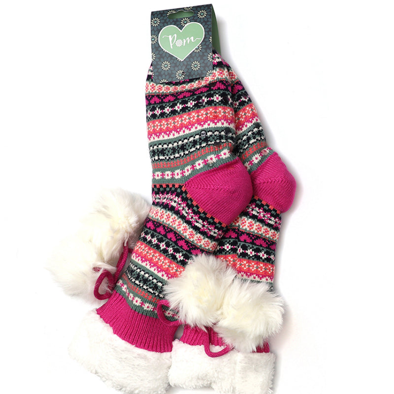(d4) P.O.M. Bright Pink Fair Isle Sherpa Slipper Socks