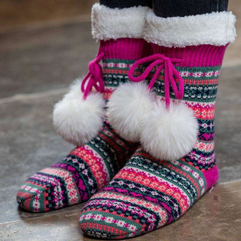 (d4) P.O.M. Bright Pink Fair Isle Sherpa Slipper Socks