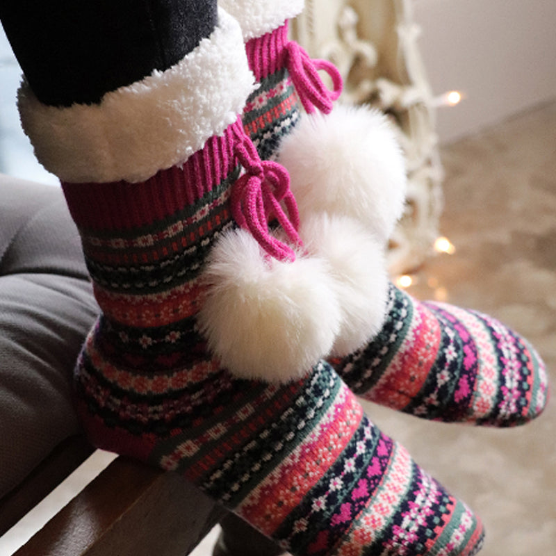 (d4) P.O.M. Bright Pink Fair Isle Sherpa Slipper Socks