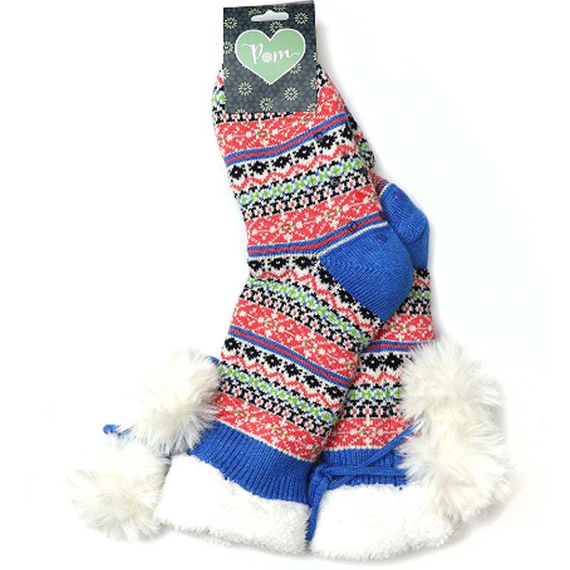 (d4) P.O.M. Bright Blue Fair Isle Sherpa Slipper Socks