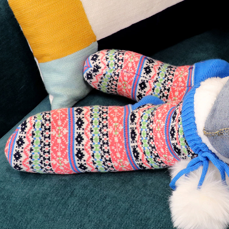 (d4) P.O.M. Bright Blue Fair Isle Sherpa Slipper Socks