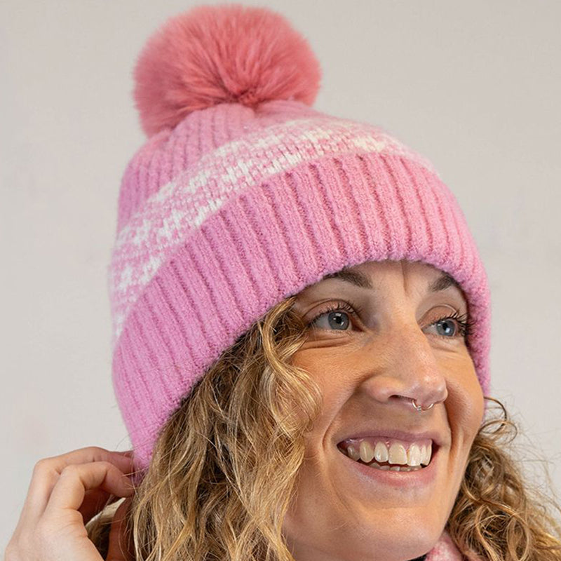 (a34) P.O.M Pink Scandi Mixed Knit Snood Bobble Hat And Headband Set