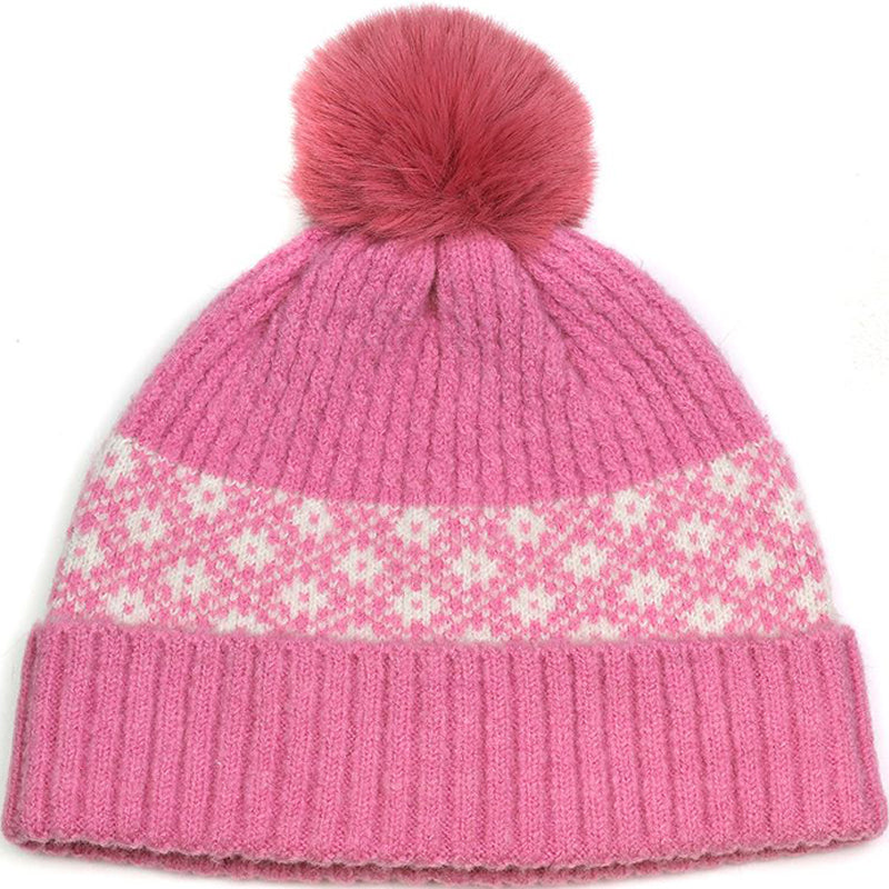 (a34) P.O.M Pink Scandi Mixed Knit Snood Bobble Hat And Headband Set