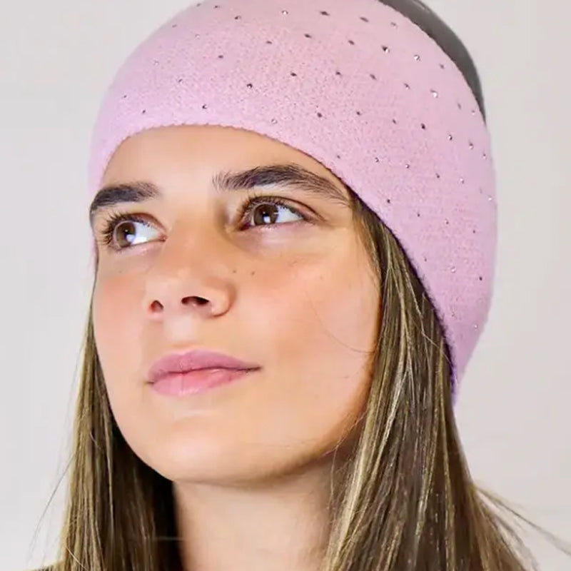 (a34b) P.O.M. Pink Embellished Ladies Knitted Gloves And Headband Set