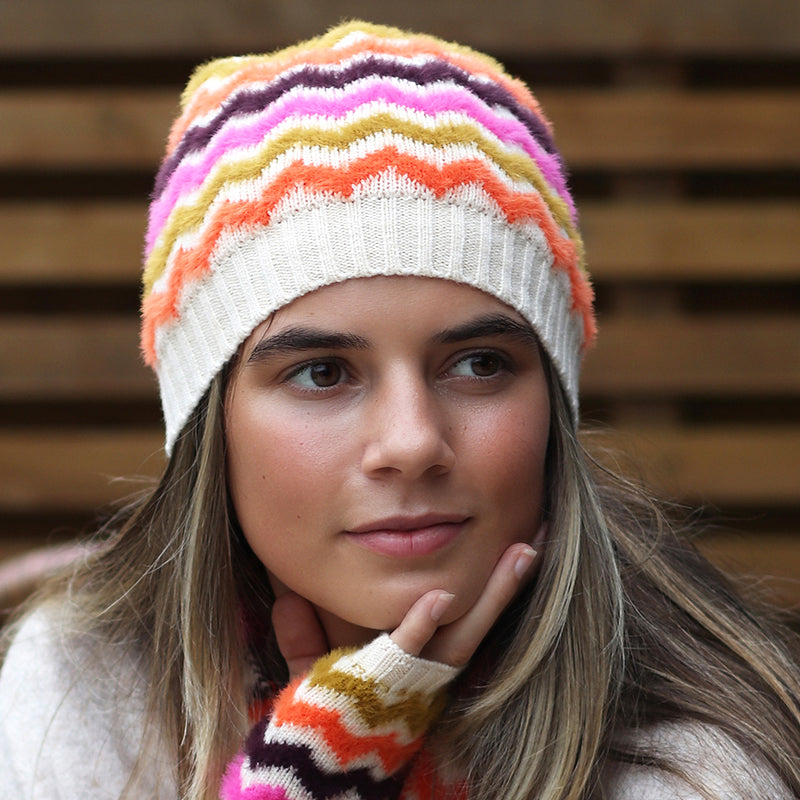 (a10) P.O.M. Cream Mix Chevron Beanie Hat