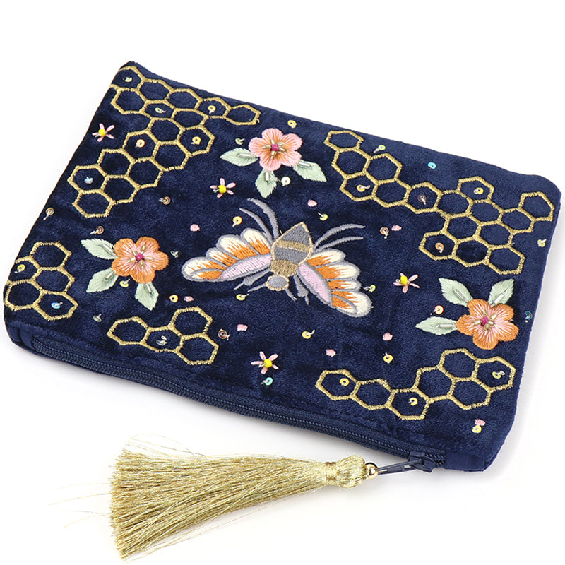 (b7) P.O.M. Cosmetic Make-Up Bag Navy Blue Velvet