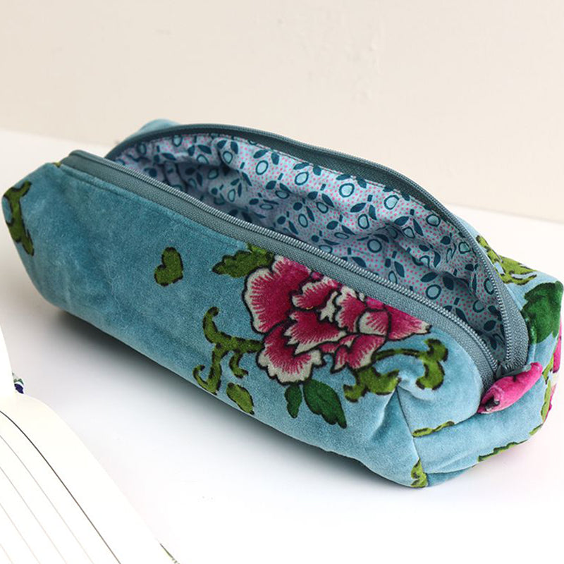 (b6) P.O.M. Zip Pouch Make-Up Bag Turquoise Pink Velvet