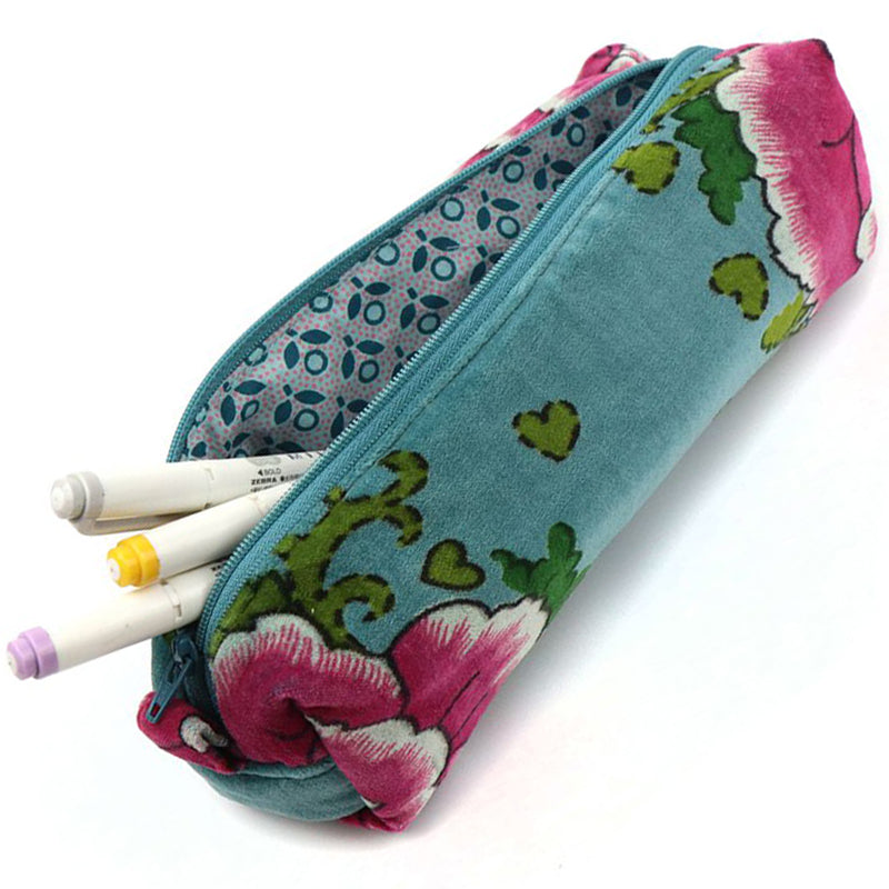 (b6) P.O.M. Zip Pouch Make-Up Bag Turquoise Pink Velvet