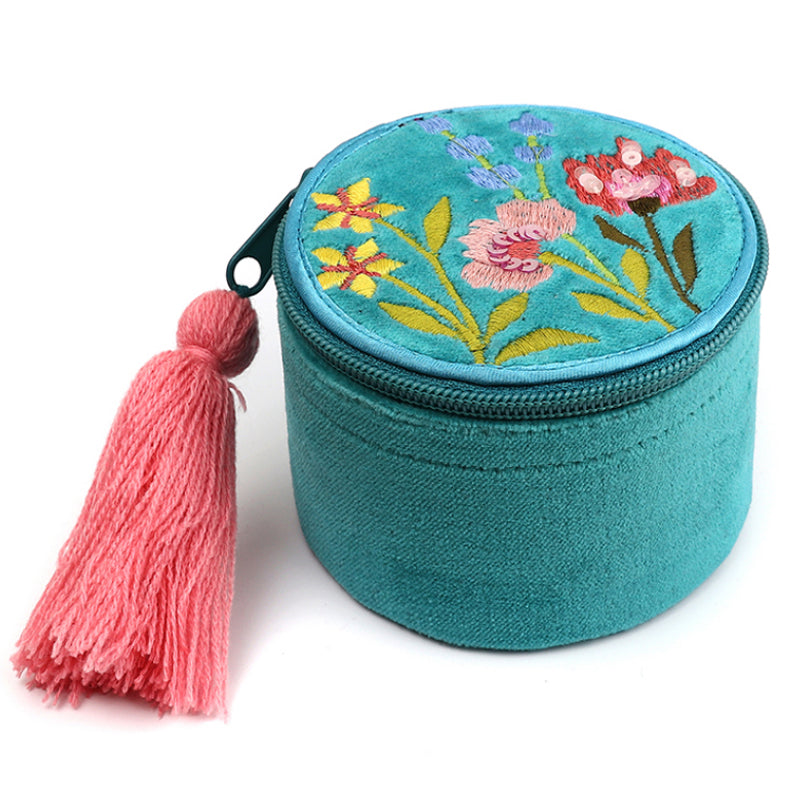 (b2) P.O.M. Small Round Jewellery Box Turquoise Velvet