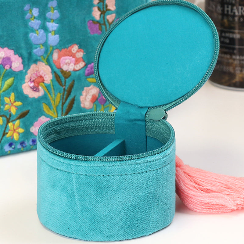 (b2) P.O.M. Small Round Jewellery Box Turquoise Velvet