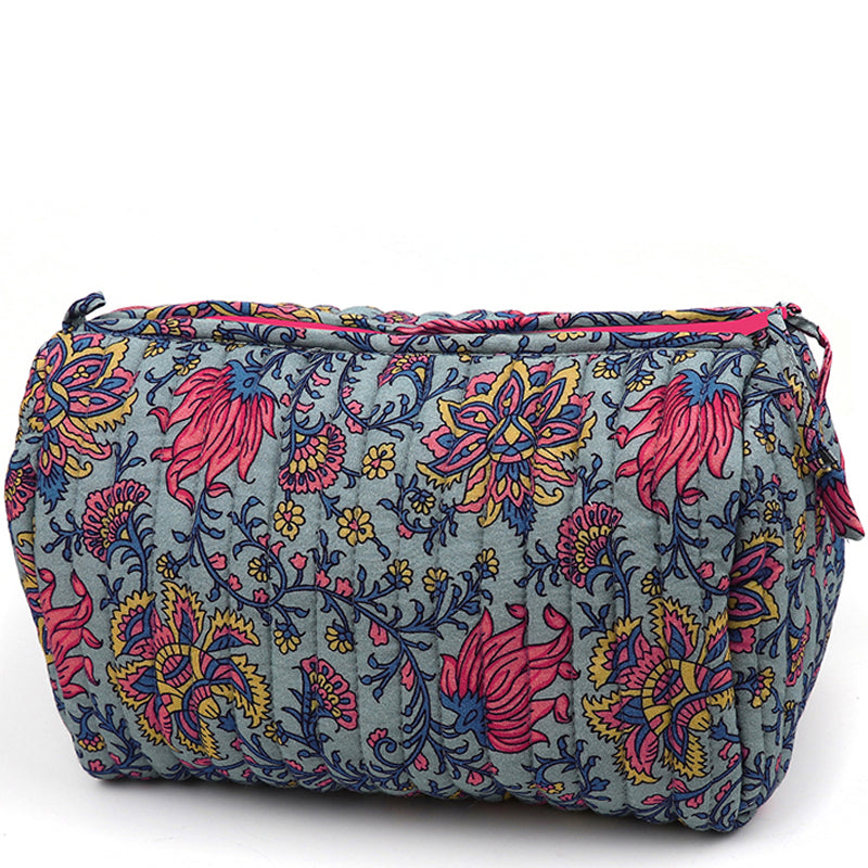 (c2) P.O.M. Blue Mix Cotton Quilted Large Cosmetic Make-Up Bag