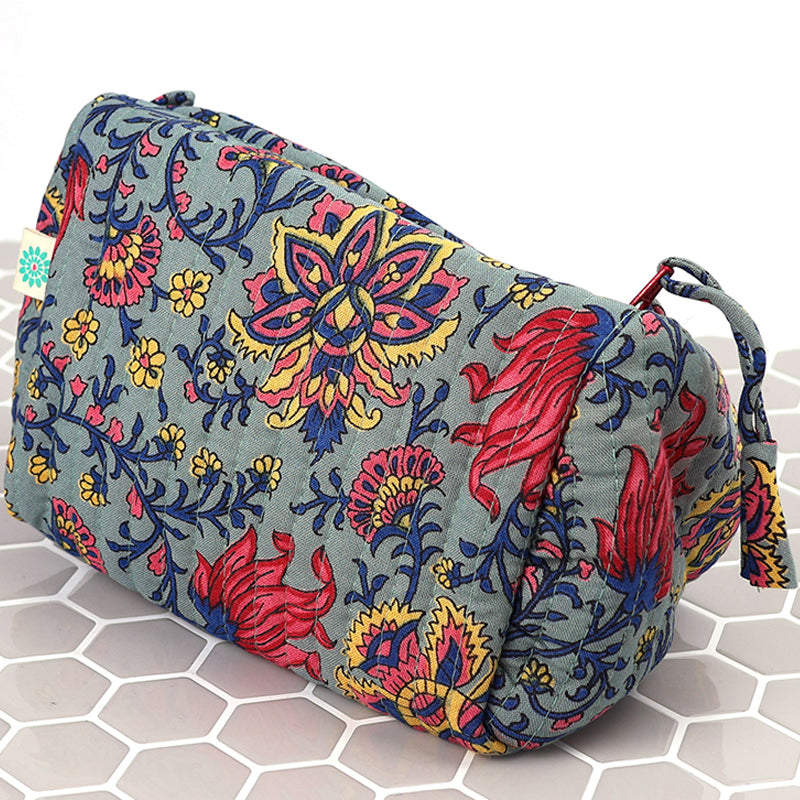 (c2) P.O.M. Blue Mix Cotton Quilted Small Cosmetic Make-Up Bag