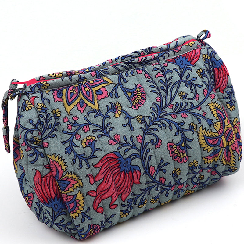 (c2) P.O.M. Blue Mix Cotton Quilted Small Cosmetic Make-Up Bag