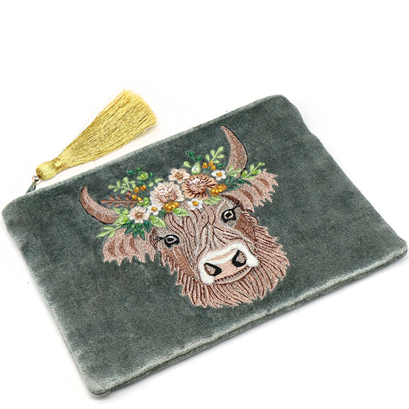 (a21) P.O.M. Grey Mix Velvet Embellished Cosmetic Coin Card Purse
