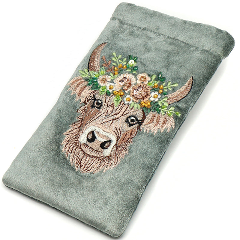 (a21) P.O.M. Grey Velvet Embroidered Glasses Case