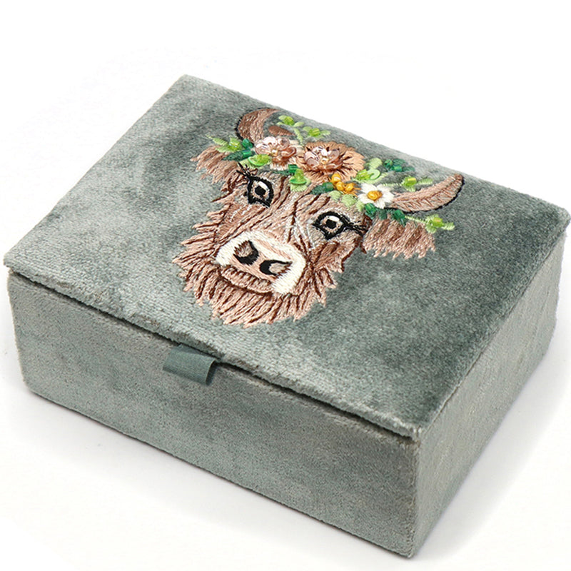 (a21) P.O.M. Grey Velvet Embroidered Jewellery Box