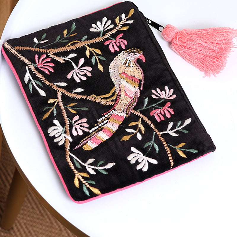 (a3) P.O.M. Black Mix Velvet Embellished Cosmetic Coin Card Purse