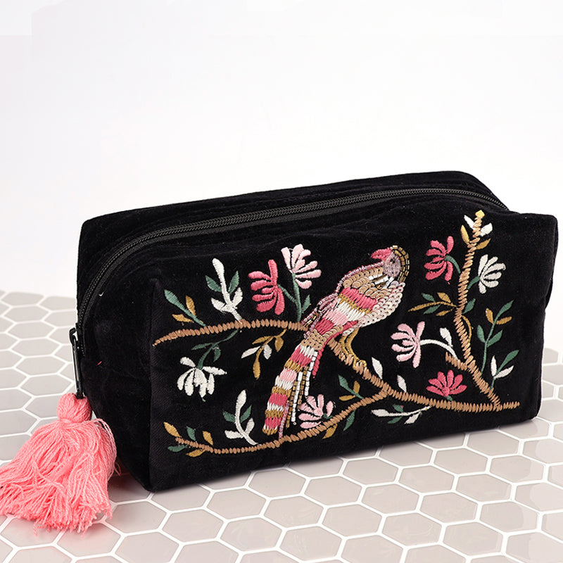 (a3) P.O.M. Black Velvet Embroidered Wash Bag