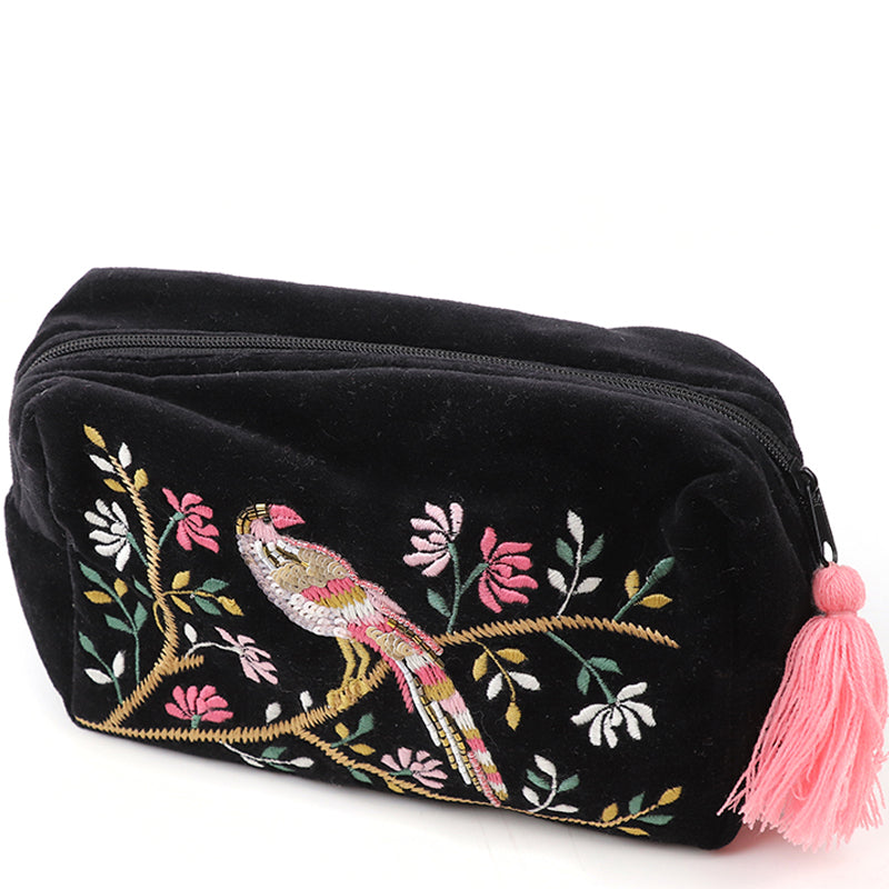 (a3) P.O.M. Black Velvet Embroidered Wash Bag