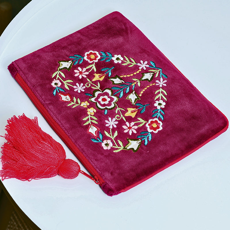 (a44) P.O.M. Red Wine Velvet Embroidered Cosmetic Coin Card Purse