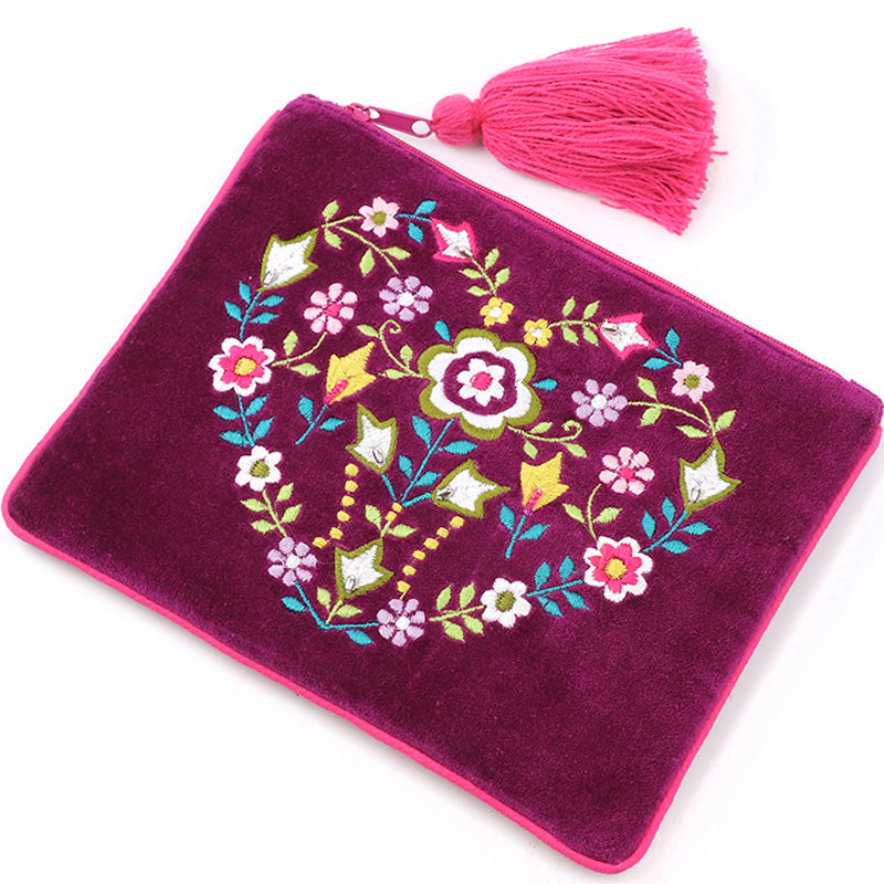 (a44) P.O.M. Red Wine Velvet Embroidered Wash Bag