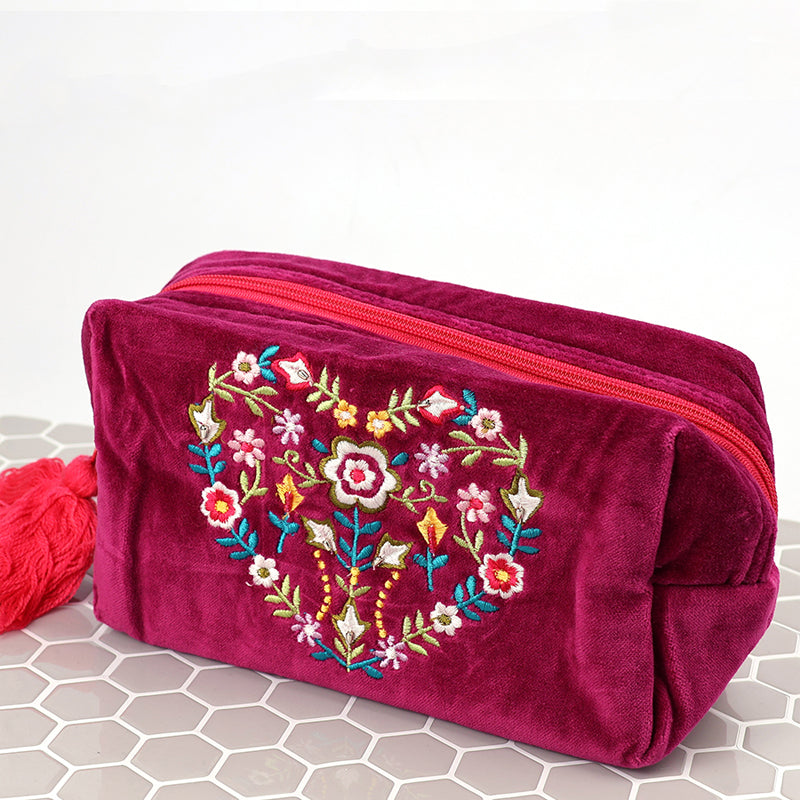 (a44) P.O.M. Red Wine Velvet Embroidered Wash Bag