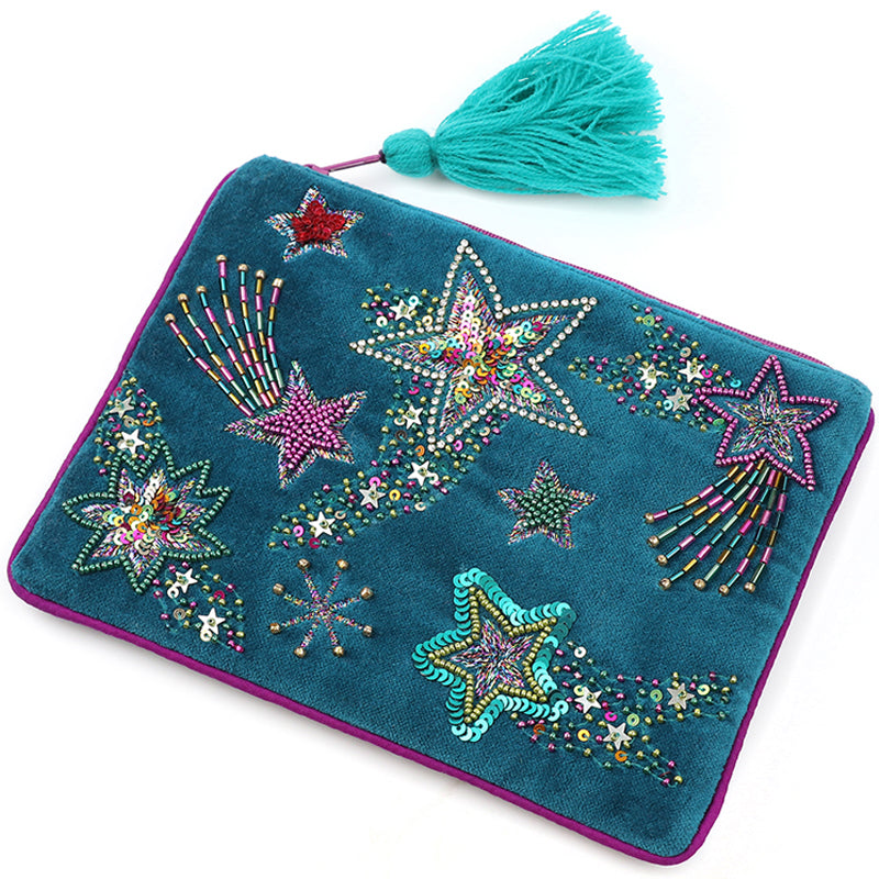 (a6) P.O.M.Turquoise Velvet Embellished Cosmetic Coin Card Purse