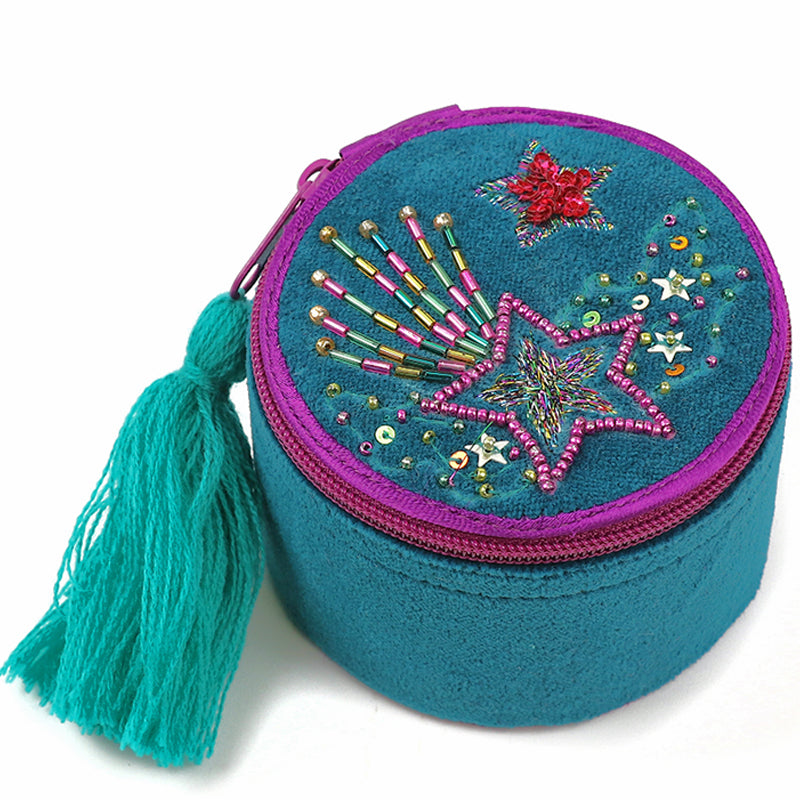 (a6) P.O.M. Turquoise Velvet Embroidered Wash Bag