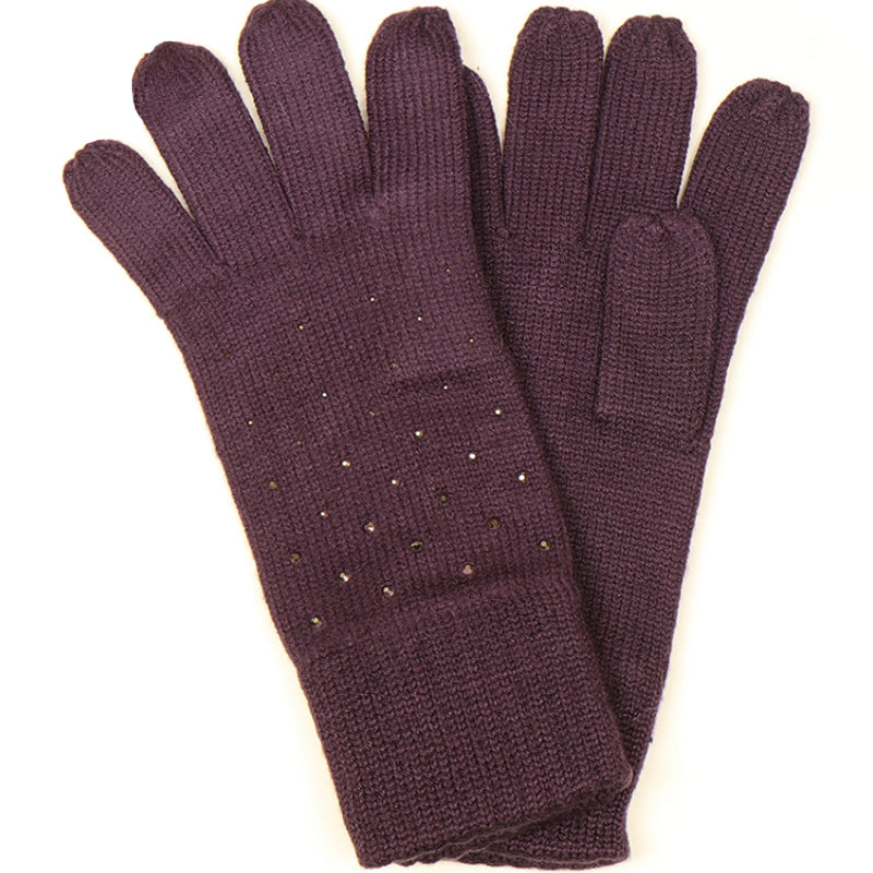 (a5) P.O.M. Aubergine Embellished Ladies Knitted Gloves